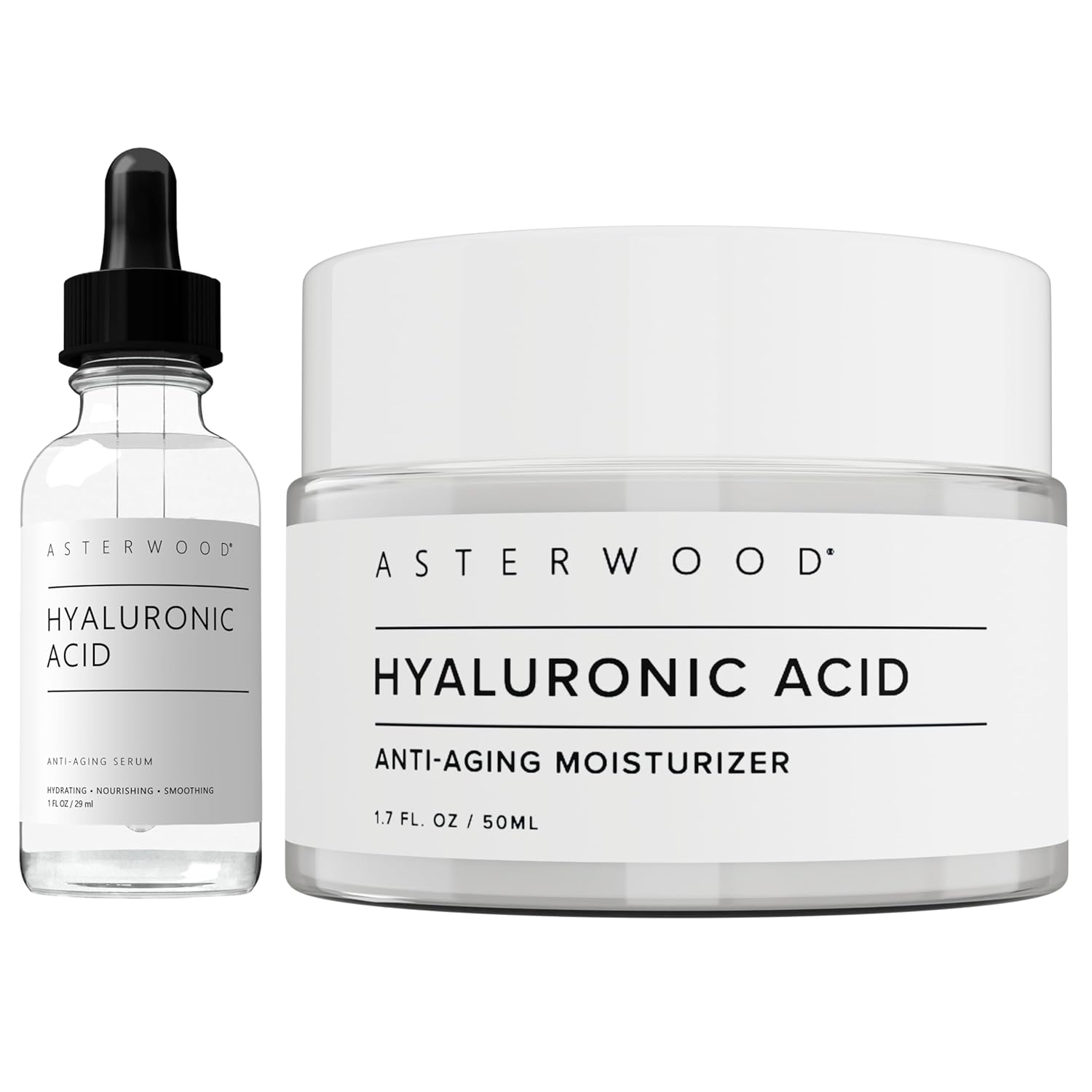 Asterwood Naturals Hyaluronic Acid Serum 1oz + Hyaluronic Acid Moisturizer